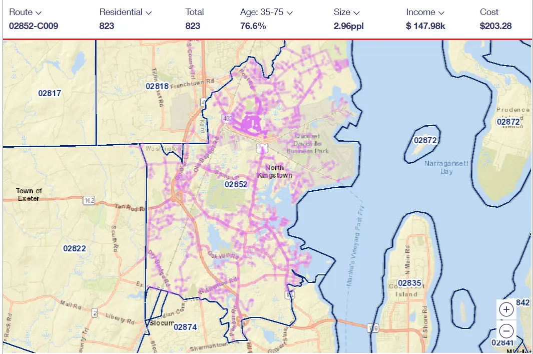 North Kingstown 02852 carrier route C009 coverage map